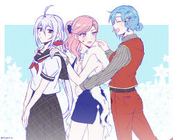  3girls ahoge ball belt billiard_ball black_belt black_skirt blue_dress blue_eyes blue_hair blush brown_eyes chiebukuro_setsuka closed_mouth collared_shirt commentary_request danganronpa_another dress feather_boa hair_between_eyes hair_ornament hair_over_one_eye hair_rings jewelry kabuya_yoruko long_hair long_sleeves low_ponytail multiple_girls neckerchief one_eye_closed open_mouth pants pink_hair ponytail red_pants red_vest sailor_collar school_uniform scrunchie serafuku shirt short_hair short_sleeves side_ponytail simple_background single_hair_ring skirt smile sora_(super_danganronpa_another_2) striped_clothes super_danganronpa_another_2 swept_bangs very_long_hair vest violet_eyes white_hair white_shirt yoon346974 