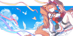  1girl absurdres angelina_(arknights) angelina_the_mellow_wish_(arknights) animal_ear_fluff animal_ears arknights bird black_collar black_hairband brown_hair chinese_commentary clouds collar commentary_request confetti detached_sleeves dress feet_out_of_frame fox_ears fox_girl hair_between_eyes hairband hd6208 highres long_hair long_sleeves looking_to_the_side multicolored_hairband red_eyes sitting sky smile solo staff_riding twintails two-tone_hairband very_long_hair white_dress 