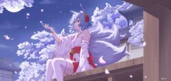  1girl 994522889 animal_ears architecture blue_hair commentary_request detached_sleeves east_asian_architecture fox_ears fox_girl fox_tail hair_ornament japanese_clothes moon night nontraditional_miko original petals red_eyes ribbon-trimmed_sleeves ribbon-trimmed_thighhighs ribbon_trim short_hair sitting tail thigh-highs tree wide_sleeves 