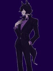  1boy absurdres animal_ears black_bow black_bowtie black_nails black_pants black_suit bow bowtie buck_teeth facial_hair feet_out_of_frame hand_in_pocket highres iyami male_focus midopisandayo mustache osomatsu-san osomatsu_(series) pants purple_shirt shirt short_hair simple_background standing suit tail teeth 