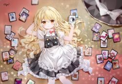  100th_black_market 1girl ability_card_(touhou) absurdres apron black_hat black_skirt black_vest blonde_hair bow braid card chinese_commentary cirno clownpiece commentary_request hair_bow hat hat_bow highres holding holding_card kirisame_marisa komeiji_koishi konpaku_youmu konpaku_youmu_(ghost) lily_white long_hair looking_at_viewer luna_child lying missing_headwear nya_(pixiv_100585577) official_alternate_costume on_back orange_eyes puffy_short_sleeves puffy_sleeves red_bow sekibanki short_sleeves side_braid signature single_braid skirt solo star_sapphire sunny_milk touhou unworn_headwear very_long_hair vest waist_apron white_apron white_bow witch_hat yellow_eyes 