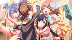  1boy 3girls :d anekouji_naoko anekouji_naoko_to_giniro_no_shinigami arms_around_neck back_bow bag black_hair bow brown_hair chair clenched_teeth closed_eyes clothing_cutout crop_top curtains detached_collar dress elbow_gloves electrical_outlet faceless faceless_male flower frills from_behind game_asset gloves green_eyes grey_jacket grey_pants hair_bow hair_flower hair_ornament hairband hand_on_another's_head hands_on_another's_chest high_heels highres holding holding_bag idol_clothes indoors jacket jacket_over_hoodie jumping leaning_forward long_hair looking_at_another mikoshi_matsuri miniskirt multiple_girls multiple_hair_bows navel non-web_source off_shoulder one_eye_closed open_mouth orange_bow orange_dress orange_gloves orange_hairband orange_shoes orange_shorts orange_skirt pants purple_hair ribbon_trim school_uniform see-through_clothes self-datamine shaded_face shoes shopping_bag short_hair short_shorts short_twintails shorts skirt smile spread_fingers standing standing_on_one_leg sweatdrop teeth tominaga_hitsuji tsubaki_peko twintails very_long_hair yellow_eyes 