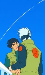 2boys absurdres against_railing black_gloves black_hair black_headband black_shirt blunt_bangs bodysuit bowl_cut closed_eyes commentary_request flak_jacket gloves green_bodysuit green_vest hatake_kakashi headband highres jacket konohagakure_shinobi_uniform korean_commentary m0_mo_momo male_focus mask might_guy mouth_mask multiple_boys naruto_(series) open_mouth railing shirt short_hair smile thick_eyebrows upper_body vest white_hair 