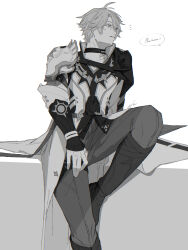  1boy absurdres antenna_hair arm_guards armor boots cape character_name chest_belt choker coat collared_shirt commentary_request english_text feet_out_of_frame greyscale hair_between_eyes high_collar highres honkai:_star_rail honkai_(series) ieririr long_sleeves looking_to_the_side male_focus monochrome neck_tattoo pants phainon_(honkai:_star_rail) shadow shirt short_hair shoulder_armor signature simple_background sitting smile solo speech_bubble sun_symbol sun_tattoo tattoo teeth thigh_strap 