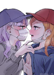  2girls 4ding backlighting black_hat blue_hoodie blush commentary_request eye_contact green_eyes grey_sweater hat highres hood hood_down hoodie long_sleeves looking_at_another love_live! love_live!_superstar!! mask mask_pull mouth_mask multiple_girls nervous_sweating nose_blush open_mouth orange_hair purple_hair red_hat shibuya_kanon simple_background sweat sweater teeth twitter_username upper_body upper_teeth_only v-shaped_eyebrows violet_eyes white_background white_mask wien_margarete yuri 