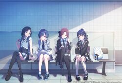  backpack bag black_hair black_ribbon black_thighhighs blue_eyes blue_hair braid chair crossed_legs fukumaru_koito glasses hair_ribbon headphones headphones_around_neck highres idolmaster idolmaster_shiny_colors mitsumine_yuika morino_rinze official_art on_chair osaki_amana pantyhose ponytail red_eyes red_hair ribbon sitting smile socks stuffed_toy sweater_vest thigh-highs tile_floor tile_wall tiles twin_braids white_socks yellow_eyes zettai_ryouiki 