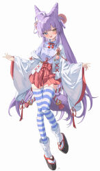  1girl absurdres animal_ears blush commentary hakama hakama_short_skirt hakama_skirt heterochromia highres hime_cut japanese_clothes long_hair nontraditional_miko open_mouth pian717 purple_hair red_hakama skirt stellive striped_clothes striped_thighhighs tassel tenko_shibuki tenko_shibuki_(1st_costume) thigh-highs virtual_youtuber white_background wide_sleeves 