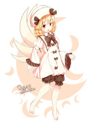  1girl barefoot black_bloomers black_bow black_bowtie blonde_hair bloomers blush bow bowtie collared_dress commentary_request crescent dated dress drill_hair fairy fairy_wings frilled_sleeves frills full_body furim hat highres long_sleeves looking_at_viewer luna_child medium_hair open_mouth orange_eyes signature solo toes touhou white_dress white_hat wide_sleeves wings 