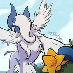  absol animal_focus applecandy_prpr asymmetrical_horns blue_sky bright_pupils claws closed_mouth commentary_request feathered_wings flower full_body highres horns looking_at_viewer mega_absol no_humans one_eye_covered outdoors pokemon pokemon_(creature) pokemon_focus red_eyes simple_background sky solo standing uneven_horns white_fur white_pupils white_wings wings yellow_flower 