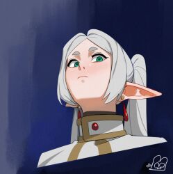  1girl commentary dated_commentary earrings elf frieren green_eyes highres hong_doo jewelry long_hair long_pointy_ears meme pointy_ears solo sousou_no_frieren teardrop_earrings twintails upward_angle_frieren_drawing_(meme) 