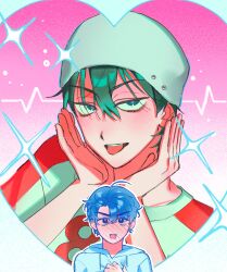  2boys alien_stage aqua_eyes aqua_hair beanie black_eyes blue_hair blush clutching_chest commentary english_commentary full-face_blush hair_between_eyes hat heart highres hood hoodie ivan_(alien_stage) male_focus multiple_boys ninjinsuni red_pupils shirt short_hair till_(alien_stage) tongue tongue_out very_short_hair white_hoodie 