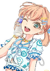  1girl :d ;d aqua_eyes bottle bottle_to_cheek buck_teeth commentary_request frilled_sleeves frills highres hinoshita_kaho holding holding_bottle looking_at_viewer love_live! love_live!_hasu_no_sora_jogakuin_school_idol_club low_twintails mika_yui natsumeki_pain one_eye_closed open_mouth orange_hair plastic_bottle puffy_short_sleeves puffy_sleeves shirt short_sleeves smile solo teeth twintails upper_teeth_only virtual_youtuber water_bottle white_shirt 