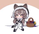  1girl :t animal_ears arknights bangs basket black_capelet black_footwear blueberry brown_background brown_eyes brown_hair capelet closed_mouth commission dress ears_through_headwear eating flower food fruit fur-trimmed_capelet fur-trimmed_hood fur_trim grapes honeyberry_(arknights) hood hood_up hooded_capelet kurotofu long_hair low_twintails multicolored_hair pantyhose shoes sitting solo strawberry streaked_hair tail twintails two-tone_background wavy_mouth white_background white_dress white_hair yellow_flower 