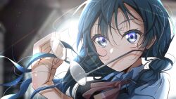  1girl absurdres braid commentary dual_persona grey_eyes highres love_live! love_live!_nijigasaki_high_school_idol_club nakagawa_nana nijigasaki_school_uniform outdoors red_ribbon removing_eyewear ribbon school_uniform semi-rimless_eyewear shirane_nanimo solo sunlight twin_braids unworn_eyewear upper_body yuki_setsuna 
