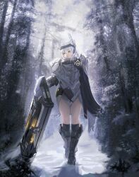  1girl absurdres cloak closed_mouth day goddess_of_victory:_nikke hair_between_eyes highres leg_armor mechanical_arms mnmn_0617 sidelocks single_mechanical_arm snow snow_white_(nikke) solo thighs visor_lift walking white_cloak white_hair yellow_eyes 