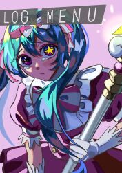  1girl :/ aqua_hair bib_collar blush bow bow_hairband bowtie closed_mouth commentary_request double-parted_bangs dress english_text eyeliner frilled_shirt_collar frills frown furrowed_brow gloves glowing hair_ornament hair_ribbon hairband hatsune_miku highres holding holding_staff ima_sugu_rinne_(vocaloid) long_hair looking_at_viewer mage_staff magical_girl makeup mismatched_pupils mita_(pixiv_71317254) options pink_bow pink_bowtie pink_dress pink_eyeliner pink_eyes pink_hairband pixel_text puffy_short_sleeves puffy_sleeves purple_background raised_inner_eyebrows ribbon sad short_sleeves sidelighting simple_background solo staff star-shaped_pupils star_(symbol) star_hair_ornament striped_bow striped_bowtie striped_clothes striped_ribbon symbol-shaped_pupils tearing_up tears twintails upper_body upturned_eyes variant_set vocaloid white_bow white_gloves yellow_pupils 