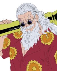  1boy beard commentary facial_hair highres holding iamosix2 instagram_username looking_at_viewer male_focus mustache old old_man one_piece ponytail red_shirt scar scar_on_face scopper_gaban shirt simple_background smile solo sunglasses twitter_username v-shaped_eyebrows white_background 