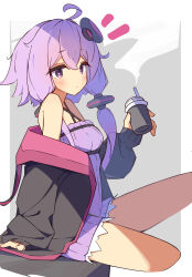  1girl ahoge bare_shoulders black_jacket blush border breasts bright_pupils closed_mouth commentary_request crossed_bangs cup double-parted_bangs dress grey_background hair_between_eyes hair_ornament highres holding holding_cup jacket long_sleeves notice_lines off_shoulder open_clothes open_jacket outside_border purple_dress purple_hair short_dress short_hair_with_long_locks simple_background sitting sleeves_past_wrists small_breasts solo tetenka violet_eyes vocaloid voiceroid white_border white_pupils yuzuki_yukari 