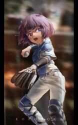  1girl absurdres ball baseball_(object) baseball_(sport) baseball_mitt baseball_uniform blunt_bangs blurry blurry_background bob_cut catcher's_mitt commentary highres holding holding_ball hololive hololive_english knee_pads kokono_ka layered_sleeves long_sleeves mole mole_under_eye ninomae_ina'nis open_mouth outdoors pants pillarboxed pointy_ears purple_hair shirt short_hair short_over_long_sleeves short_sleeves solo sportswear violet_eyes virtual_youtuber white_pants white_shirt 