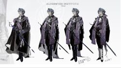  1boy aristocratic_clothes ascot black_boots black_bow black_bowtie black_cape black_gloves black_pants blue_eyes blue_gem blue_hair boots border bow bowtie brooch cape chinese_commentary chinese_text closed_mouth embroidery english_text eureka1812 expressionless frilled_shirt_collar frills full_body gem gloves gold_necklace hair_between_eyes hair_ornament highres holding holding_sword holding_weapon jacket jewelry long_sleeves looking_at_viewer male_focus multiple_views necklace original pants pants_tucked_in purple_gem purple_jacket purple_sash purple_scarf sash scarf sheath sheathed shirt short_hair shoulder_sash side_part sideways_glance single_sidelock standing star_(symbol) star_hair_ornament stole sword tassel variations wavy_hair weapon white_ascot white_background white_boots white_border white_sash white_shirt 