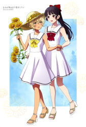  2girls :d absurdres animage anime_coloring artist_name bare_arms black_hair blonde_hair bow bowtie brown_eyes collarbone copyright_name copyright_notice dark-skinned_female dark_skin dress earrings eye_contact flower full_body hair_between_eyes hair_bow hat high_heel_sandals high_heels high_ponytail highres holding holding_flower holding_hands jewelry kimi_ga_shinu_made_koi_wo_shitai light_blush lizzy_seiran long_hair looking_at_another magazine_scan matching_outfits maud_ali multiple_girls nail_polish official_art open_mouth ponytail red_bow red_bowtie red_eyes red_nails sailor_dress sandals scan short_dress short_hair sidelocks sleeveless sleeveless_dress smile standing stud_earrings sun_hat sunflower third-party_source toenail_polish toenails very_short_hair white_dress yellow_bow yellow_bowtie 