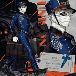  1boy arch aturtlesheart bandage_on_face bandaged_neck bandages bellhop_uniform black_shoes blue_hat blue_jacket blue_pants call_of_cthulhu card carrying carrying_under_arm character_name chinstrap commentary_request copyright_name covered_face downturned_eyes eyes_in_shadow full_body gloves golf_bag grey_background grey_hair hat highres holding holding_suitcase jacket long_sleeves looking_at_viewer male_focus mandarin_collar mummy one_eye_covered pants peaked_cap shoes short_hair silver_trim sleeve_cuffs solo suitcase tile_floor tiles unison_hotel walking white_gloves yellow_eyes 