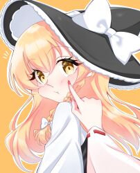  2girls air_312uu black_hat black_vest blonde_hair bow braid cheek_poking closed_mouth commentary_request female_pov hair_bow hakurei_reimu hat hat_bow highres kirisame_marisa long_hair looking_at_viewer multiple_girls notice_lines orange_background poking pov pov_hands side_braid single_braid touhou vest white_bow witch_hat yellow_eyes 
