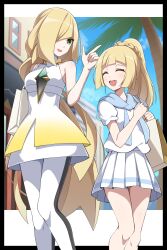  2girls absurdres bag bare_shoulders black_border black_leggings blonde_hair blush border braid braided_base breasts closed_eyes dress gem green_eyes green_gem hair_over_one_eye highres leggings lillie_(pokemon) long_hair lusamine_(pokemon) mature_female medium_breasts mother_and_child mother_and_daughter multicolored_leggings multiple_girls open_mouth outdoors parent_and_child pokemon pokemon_sun_and_moon ponytail ponytail_with_braided_base shabana_may shirt shopping_bag short_sleeves skirt sleeveless sleeveless_dress smile two-tone_leggings two-tone_legwear very_long_hair white_dress white_leggings white_shirt white_skirt 