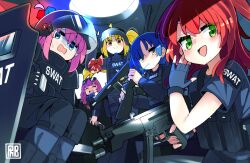  5girls =_= ballistic_shield black_gloves blonde_hair blue_eyes blue_hair blush bocchi_the_rock! body_armor bow braid bulletproof_vest car car_interior combat_helmet commentary drunk ear_piercing english_commentary english_text face_shield fingerless_gloves gloves gotoh_hitori green_eyes gun h&amp;k_mp5 hair_over_shoulder heckler_&amp;_koch helmet hiroi_kikuri holding holding_gun holding_weapon ijichi_nijika kita_ikuyo long_hair looking_at_viewer mole mole_under_eye motor_vehicle mouth_hold multiple_girls nose_blush pants phibonnachee piercing pink_hair police police_car police_uniform polka_dot polka_dot_bow purple_hair red_bow red_eyes red_hair riot_helmet riot_police s.w.a.t. sharp_teeth shield single_braid stalk_in_mouth submachine_gun sunglasses sweat sweatdrop tactical_clothes teeth turn_pale weapon yamada_ryo yellow_eyes 