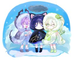  1girl 2boys :< animal_ear_hood asymmetrical_sidelocks black_boots black_cloak black_hood black_horns black_tail bloomers blue_sky blunt_ends blush boots border bright_pupils chibi chibi_only choppy_bangs cloak closed_eyes closed_mouth clouds cloudy_sky colored_eyelashes colored_tips cross-shaped_pupils crossed_bangs dragon_boy dragon_horns dragon_tail dress durin_(genshin_impact) eyelashes eyeliner facial_mark facing_another fang forehead_mark full_body fur-trimmed_hood fur-trimmed_shoes fur_trim genshin_impact gold_trim green_hair green_hood green_shoes grey_hood grey_shoes hair_between_eyes hair_intakes hair_ornament heart_ornament highres holding honbmqqmwy36077 hood hood_up hooded_cloak horns leaf leaf_hair_ornament long_hair looking_at_viewer makeup multicolored_hair multiple_boys nahida_(genshin_impact) official_alternate_costume one_eye_closed open_mouth outdoors purple_hair purple_horns rain red_eyeliner rubber_boots scaramouche_(cat)_(genshin_impact) scaramouche_(genshin_impact) shoes side_ponytail sidelocks skin_fang sky smile snow_cat snowflakes standing streaked_hair symbol-shaped_pupils tail tareme tsurime two-sided_horns v violet_eyes wanderer_(genshin_impact) white_bloomers white_border white_dress white_hair white_pupils 