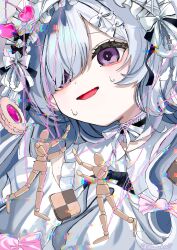  1girl bow cherry chinstrap choker commentary_request crying crying_with_eyes_open detached_sleeves drawing_mannequin dress food frilled_choker frilled_hairband frills fruit hair_bow hair_over_one_eye hairband highres lolita_hairband long_hair long_sleeves mahou_shoujo_no_majo_saiban minna_de_zutto_shiawase_ni_kazoku_de_issho_ni_tanoshii_party_wo natsume_an-an official_alternate_costume one_eye_covered open_mouth portrait shuuka_(po_n819) sleeves_past_fingers sleeves_past_wrists smile solo spoilers tears violet_eyes white_bow white_choker white_dress white_hair white_hairband 