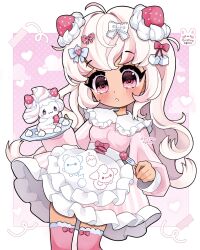  1girl :o ahoge alcremie alcremie_(salted_cream) alcremie_(strawberry_sweet) apron bow cleffa collar commentary dress food-themed_hair_ornament fork frilled_apron frilled_dress frilled_shirt_collar frills hair_bow hair_ornament highres holding holding_fork holding_plate humanization lace_bow lace_trim long_hair marill personification pink_dress pink_eyes pink_thighhighs plate pokemon solo strawberry_hair_ornament striped_clothes striped_dress sugar_cube_hair_ornament thigh-highs trytryagain whipped_cream white_apron white_collar white_hair 