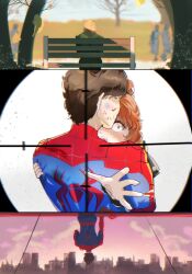  absurdres animal_print blue_bodysuit bodysuit highres jean_grey marvel multicolored_bodysuit peter_parker print_bodysuit red_bodysuit spider-man spider-man:_brand_new_day spider-man_(series) spider_print spider_web_print spoilers superhero_costume tears thevarnese two-tone_bodysuit web_shooter x-men 