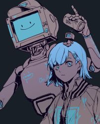  1girl 1other black_background blue_eyes blue_hair bodypaint can collared_shirt commentary_request cytus cytus_ii expressionless hair_ornament hairclip hat holding holding_can humanoid_robot jacket joints korean_commentary looking_at_viewer monitor_head monochrome nora_(cytus) peaked_cap robo_head_(cytus) robot robot_joints shirt short_hair simple_background smile spot_color track_jacket uyrdc_so 