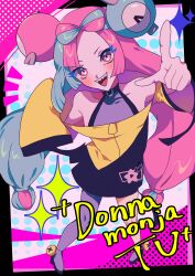  1girl absurdres asymmetrical_legwear blue_hair breasts character_hair_ornament commentary_request criss-cross_halter fake_hair_bun grey_pantyhose grey_shirt hair_ornament halter_shirt halterneck highres iono_(pokemon) jacket long_hair long_sleeves low-tied_long_hair low_twintails magnemite multicolored_hair noakontora open_mouth pantyhose pink_eyes pink_hair pokemon pokemon_scarlet_and_violet print_shirt sharp_teeth shirt sleeves_past_fingers sleeves_past_wrists smile solo sparkle teeth twintails two-tone_hair very_long_hair yellow_jacket 