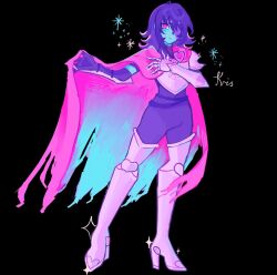  1other armor armored_boots black_background black_hair blue_skin boots breastplate cape character_name closed_mouth colored_skin commentary deltarune eepyastro english_commentary frown full_body gauntlets highres kris_(dark_world)_(deltarune) kris_(deltarune) long_hair other_focus pink_cape pink_eyes simple_background solo thigh_boots utdr_(toby_fox) 