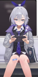  1girl absurdres bandaid bandaid_on_knee bandaid_on_leg berserker_r brand_name_imitation chinese_commentary commentary_request crossed_bangs earphones grey_eyes grey_hair grey_jacket hair_between_eyes handheld_game_console herta_(honkai:_star_rail) highres holding holding_handheld_game_console honkai:_star_rail honkai_(series) jacket long_hair necktie nintendo_switch_2 open_clothes open_jacket ponytail purple_necktie silver_wolf_(honkai:_star_rail) sitting skirt solo two-sided_fabric two-sided_jacket 