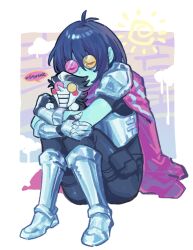  1boy 1other androgynous armor black_bodysuit black_hair blue_hair blue_skin bodysuit cape chibi circle_facial_mark closed_mouth colored_skin commentary dealmaker_(deltarune) deltarune english_commentary eyewear_on_head facial_mark gloves greaves grey_gloves heterochromatic_eyewear highres holding_chibi kris_(dark_world)_(deltarune) kris_(deltarune) long_nose multicolored_cape official_alternate_eyewear on_ground open_mouth pain_keeper pink-tinted_eyewear pink_cape pointy_nose round_eyewear short_hair short_sleeves simple_background sitting spamton_g._spamton speech_bubble striped_cape tinted_eyewear utdr_(toby_fox) white_gloves yellow-tinted_eyewear 
