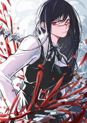  1girl absurdres black_hair blood chainsaw_man collared_shirt commentary dress fourth_east_high_school_uniform highres long_hair long_sleeves looking_at_viewer mygiorni neck_ribbon pinafore_dress ribbon ringed_eyes scar scar_on_cheek scar_on_face school_uniform shirt simple_background sleeveless sleeveless_dress smile solo spine white_shirt yellow_eyes yoru_(chainsaw_man) 
