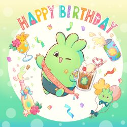  >_< :d ;d blush bottle can character_balloon cherry commentary_request confetti cork cream cup drink_can drinking_straw flower food fruit glass happy_birthday haru_(haruxxe) heart highres holding holding_cup ice_cream iriam no_humans one_eye_closed red_flower sabobon_(iriam) sash second-party_source smile soda_can sparkle star_(symbol) streamers 