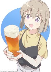  1girl alcohol beer beer_glass black_camisole blue_background border camisole camisole_over_clothes commentary_request copyright_notice cowboy_shot cup highres holding holding_cup kamiina_botan_yoeru_sugata_wa_yuri_no_hana mugenmaru official_art outside_border pants round_border shirt short_sleeves simple_background solo tonami_ibuki white_border white_pants world_beer_day yellow_shirt 