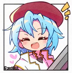  1girl ^_^ artist_name beret blue_hair border closed_eyes commentary_request copandon_dot deformed happy hat heart jacket nankyoku_arikui notice_lines open_mouth outside_border portrait rance_(series) rance_x red_hat shirt short_hair sleeveless sleeveless_jacket smile solo teeth turning_head upper_teeth_only white_border white_jacket white_shirt 