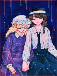  2girls asymmetrical_sidelocks black_hat black_necktie black_skirt blonde_hair blue_background border bow brown_hair closed_eyes closed_mouth collared_dress collared_shirt commentary_request constellation contrast_collar cowboy_shot dress hair_bow hat highres holding_hands kihaji140 long_hair long_sleeves maribel_hearn medium_hair mob_cap multiple_girls necktie purple_dress shirt shirt_tucked_in sidelocks skirt smile star_(symbol) touhou usami_renko white_hat white_shirt 