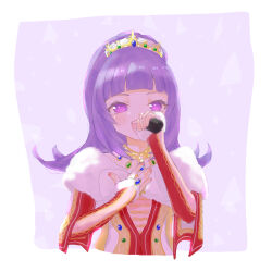  1girl :d commentary_request cropped_torso crown dress flipped_hair fur-trimmed_dress fur-trimmed_sleeves fur_trim gold_crown gold_necklace hanazono_shuka hand_on_own_chest highres holding holding_microphone idol_time_pripara jewelry long_hair long_sleeves microphone morio_(ce_note) necklace open_mouth ponytail pretty_series pripara purple_hair red_dress singing smile solo strapless strapless_dress violet_eyes 
