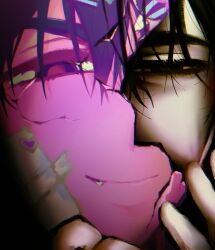  1boy alien_stage black_eyes closed_mouth commentary cracked_mask english_commentary fang fang_out gauze gauze_on_face half-closed_eyes hand_on_own_face highres ice.breadd ivan_(alien_stage) male_focus red_pupils smile solo thick_eyebrows 