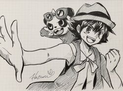 1boy ash_ketchum bow clenched_hand commentary_request cosplay crossdressing crossdressing_(mtf) eyewear_on_head graph_paper greyscale grid_background hair_between_eyes hat hatsuru_826 highres jacket leaf male_focus monochrome on_shoulder open_clothes open_jacket open_mouth outstretched_arm pancham pleated_skirt pokemon pokemon_(anime) pokemon_(creature) pokemon_on_shoulder pokemon_the_series:_xy serena_(pokemon) serena_(pokemon)_(cosplay) short_hair signature skirt sleeveless sleeveless_jacket smile sunglasses sweatdrop teeth traditional_media upper_teeth_only v-shaped_eyebrows white_background 