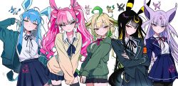  5girls absurdres ahoge animal_ears aqua_eyes aqua_hair blonde_hair blue_hair blue_ribbon blue_skirt blue_tail blush cardigan collared_shirt cowboy_shot dixretsa dress_shirt espeon from_side glaceon gradient_hair green_cardigan green_eyes green_hair green_jacket half-closed_eyes hand_in_own_hair hand_up highres jacket jacket_partially_removed leaf leafeon long_hair long_sleeves looking_at_viewer low_ponytail miniskirt multicolored_hair multiple_girls neck_ribbon own_hands_together personification pink_ribbon pleated_skirt pointy_ears poke_ball pokedex pokedex_number pokemon ponytail puffy_long_sleeves puffy_sleeves reference_inset ribbon shirt shirt_tucked_in sidelocks simple_background skirt sleeves_past_wrists smile sparkle_hair_ornament sylveon tail two-tone_hair two-tone_tail umbreon white_background white_shirt 