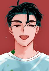  11945303 1boy alien_stage black_eyes black_hair commentary heart highres ivan_(alien_stage) kasa_kskm male_focus open_mouth portrait red_background red_pupils shirt short_hair signature solo thick_eyebrows tongue tongue_out untranslatable_commentary very_short_hair white_shirt 