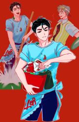  2boys alien_stage apron black_hair black_shirt blue_shirt closed_mouth collared_shirt commentary cup fang fang_out grey_hair highres holding holding_mop holding_trash_can ivan_(alien_stage) kasa_kskm layered_shirt male_focus mop multiple_boys open_clothes open_shirt shirt short_hair signature striped_clothes striped_shirt sweat thick_eyebrows till_(alien_stage) trash_can two-tone_shirt vertical-striped_clothes vertical-striped_shirt very_short_hair visor_cap white_shirt yellow_shirt 