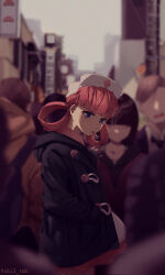  1girl absurdres black_coat blue_eyes blunt_bangs blurry cigarette city cityscape coat commentary dress faceless faceless_female faceless_male hair_rings hat highres looking_at_viewer multiple_boys multiple_girls nurse nurse_cap nurse_joy obi3 pink_hair pokemon smoking solo_focus twitter_username untranslatable_commentary 